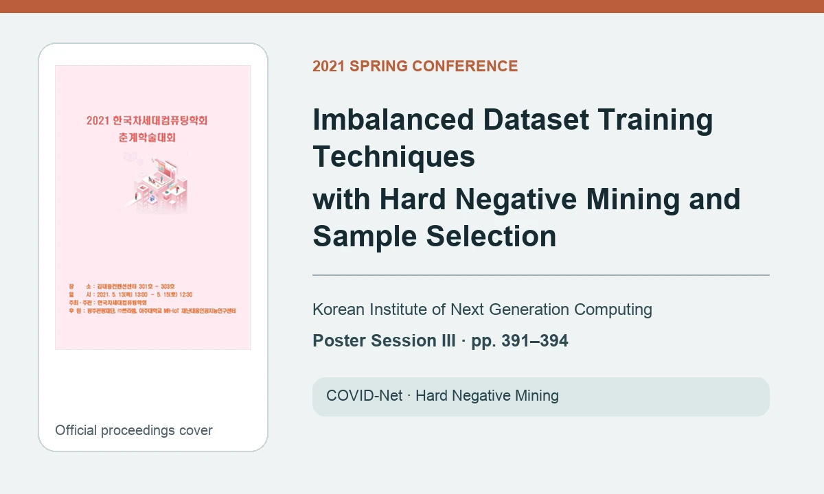 Official 2021 conference cover with the imbalanced dataset training paper title and metadata
